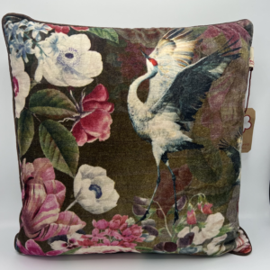 Groen fluwelen kussen met vogel en bloemenprint